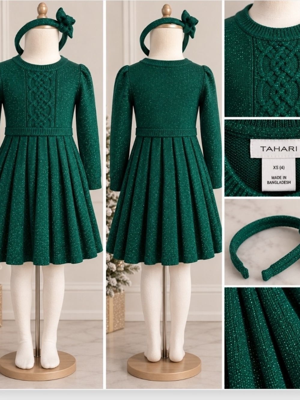 Tahari Girls Emerald Green Sparkle Sweater Dress With Headband